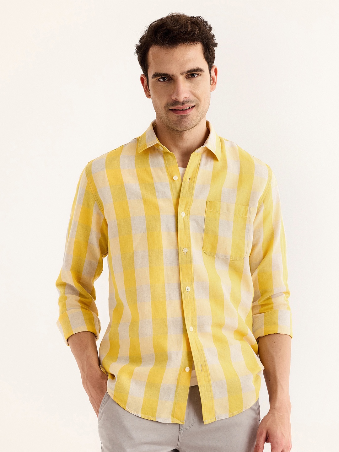 

Red Flame Checked Cotton Linen Casual Shirt, Yellow