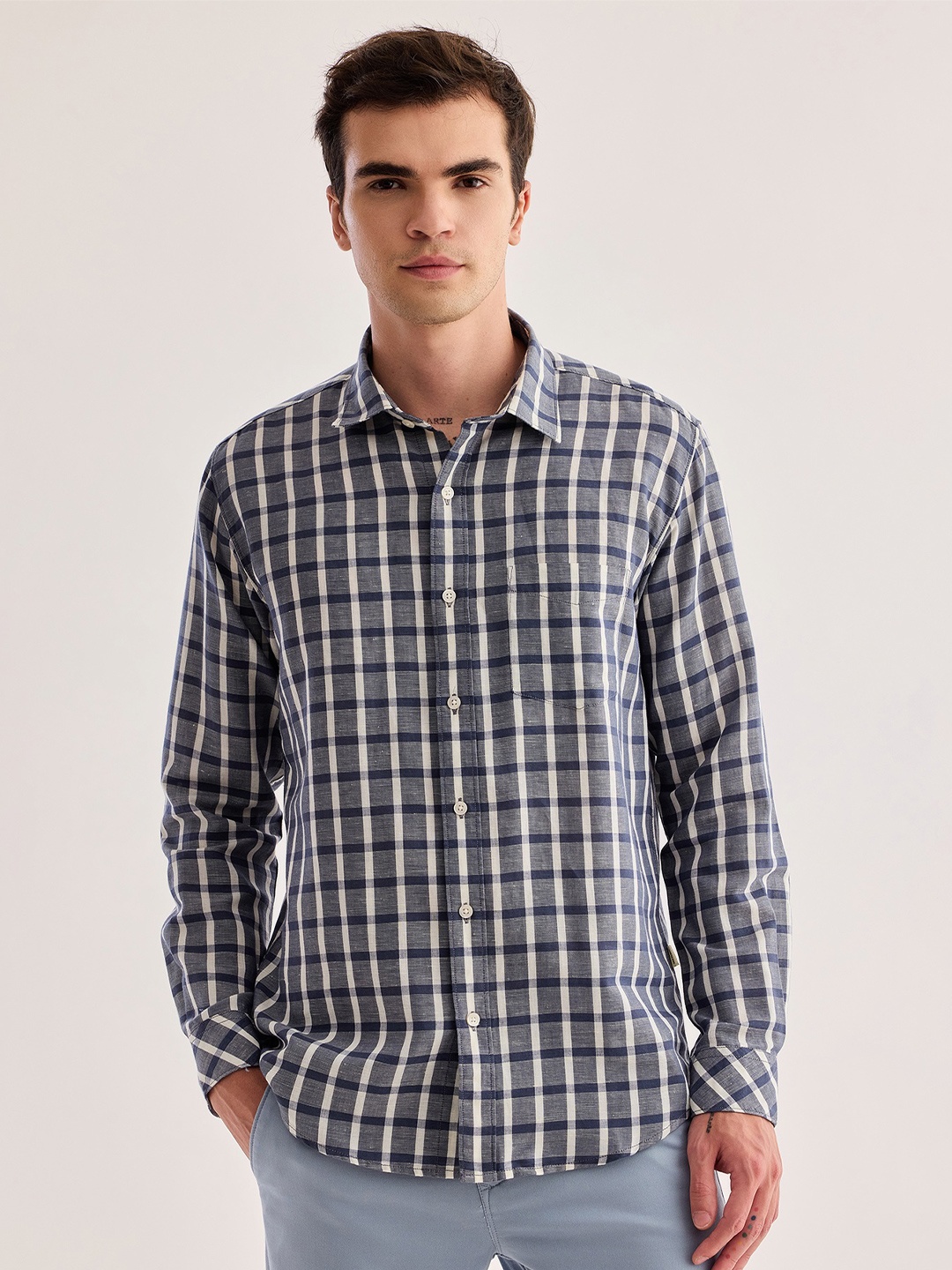 

Red Flame Tartan Checked Cotton Linen Casual Shirt, Grey