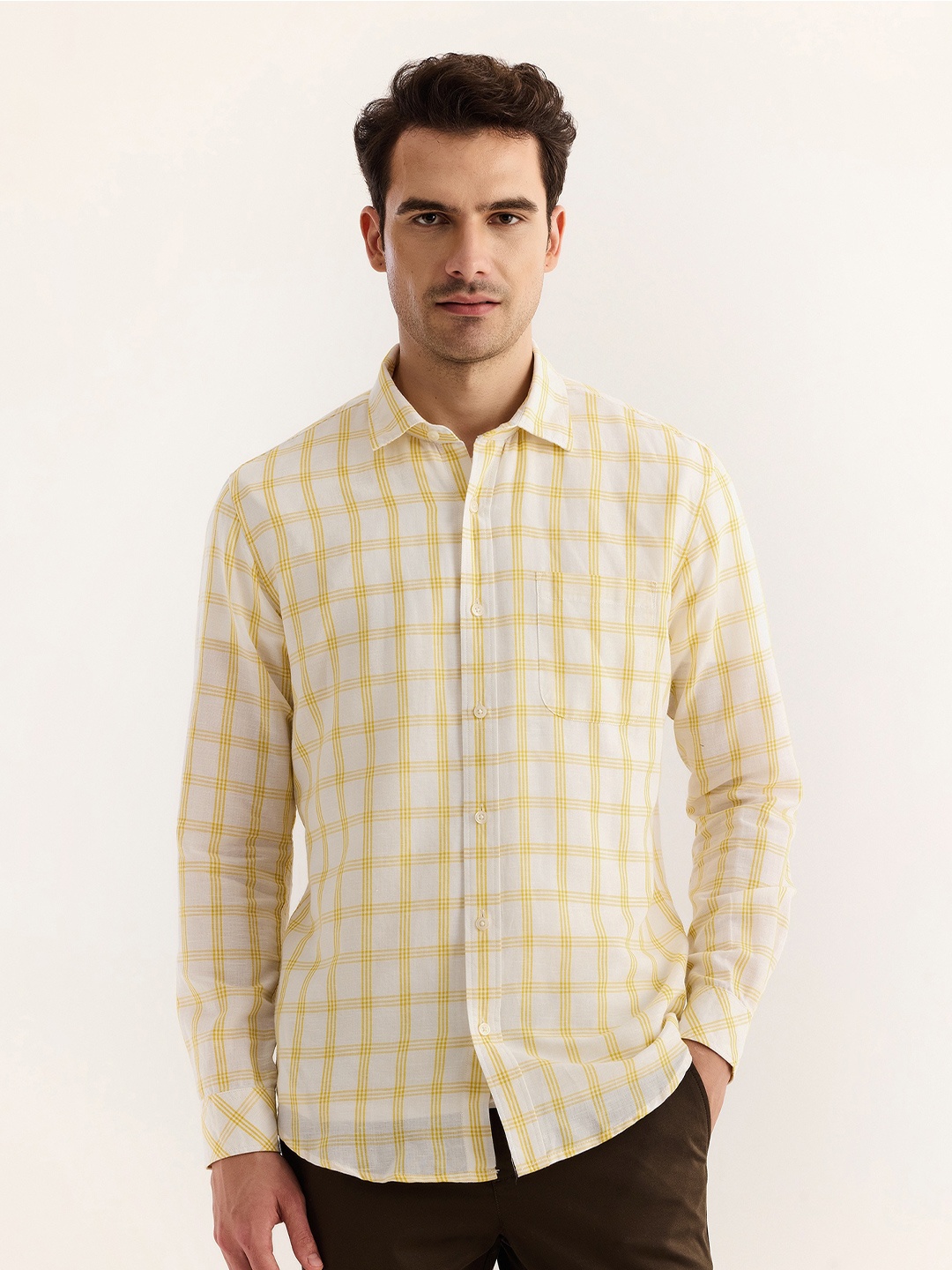

Red Flame Checked Cotton Linen Casual Shirt, Yellow