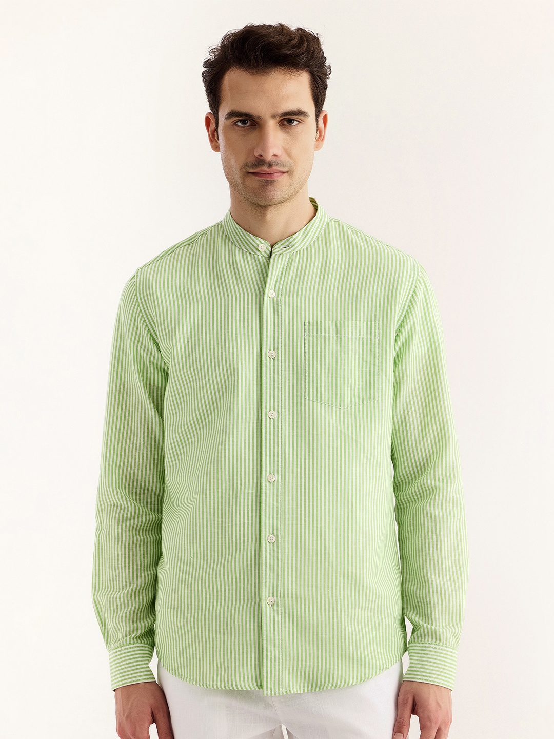 

Red Flame Vertical Striped Mandarin Collar Cotton Linen Casual Shirt, Green