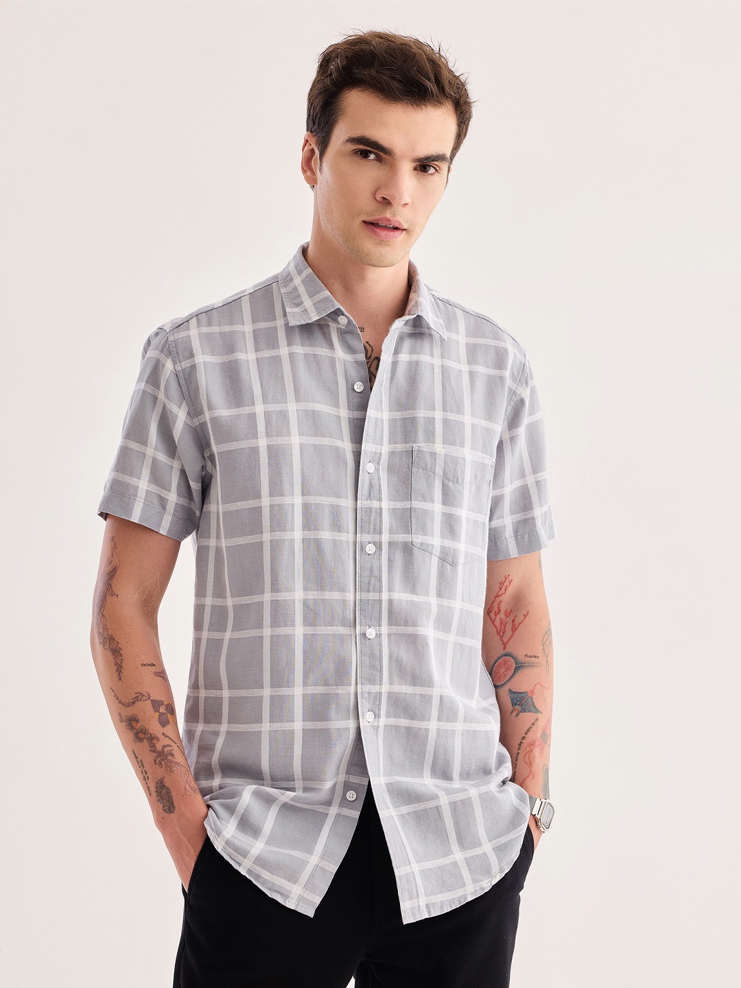 

Red Flame Windowpane Checked Cotton Linen Casual Shirt, Grey