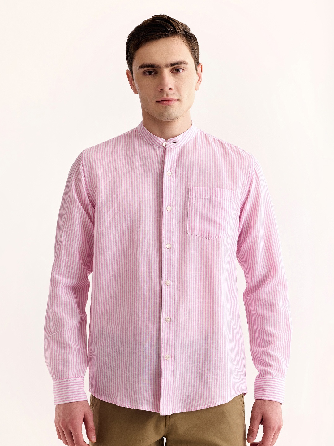 

Red Flame Vertical Stripes Band Collar Cotton Linen Casual Shirt, Pink