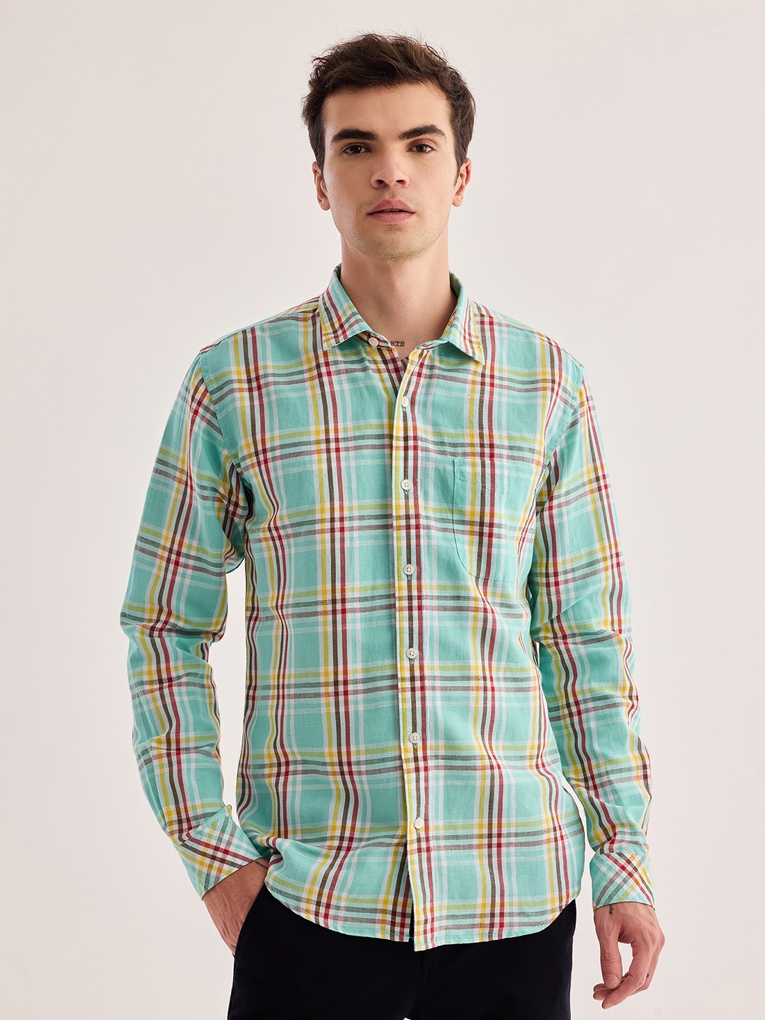 

Red Flame Tartan Checked Spread Collar Cotton Linen Casual Shirt, Green