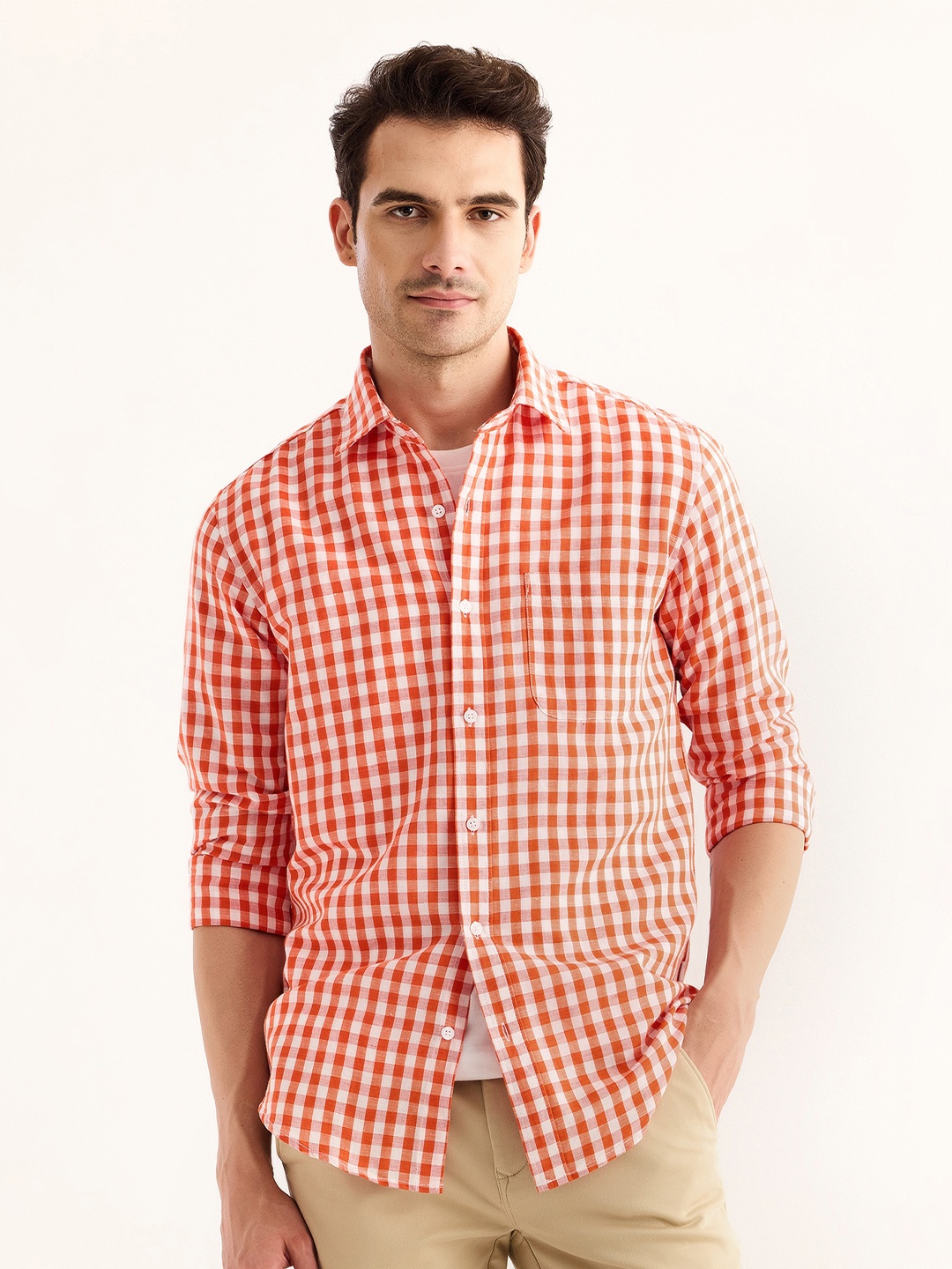 

Red Flame Gingham Checked Cotton Linen Casual Shirt