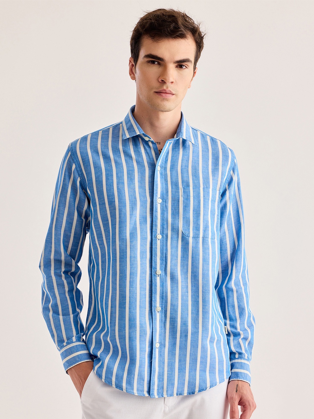 

Red Flame Vertical Striped Cotton Linen Casual Shirt, Blue