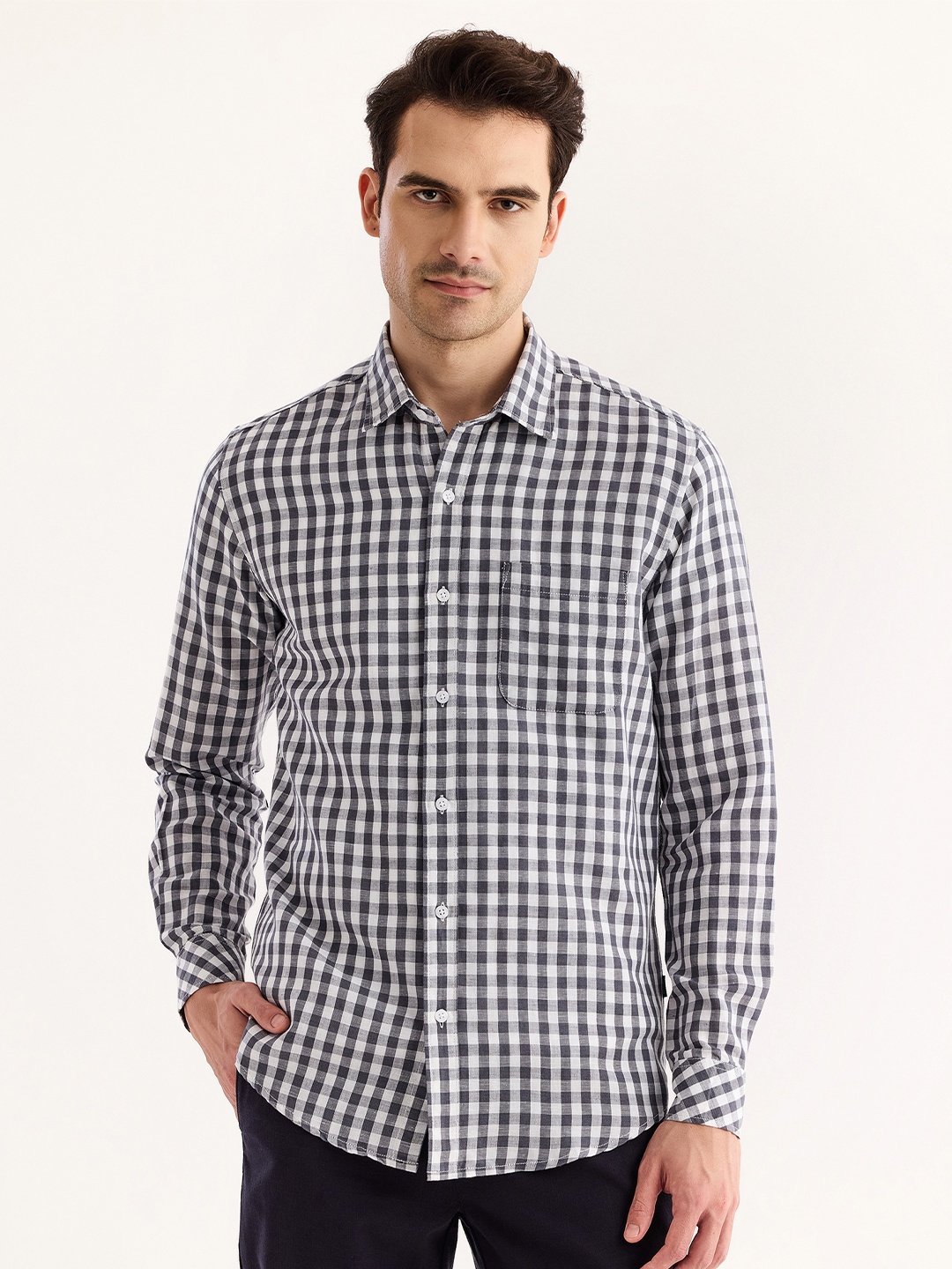 

Red Flame Checked Cotton Linen Casual Shirt, Grey