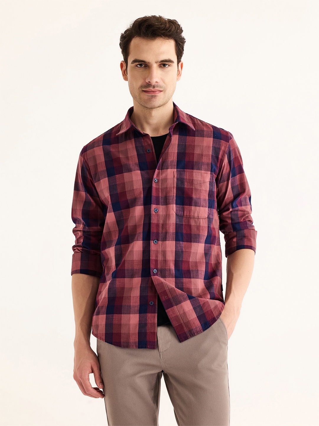 

Red Flame Tartan Checked Spread Collar Cotton Casual Shirt, Maroon