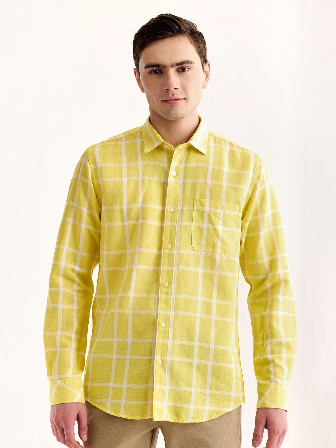 

Red Flame Tartan Checked Cotton Linen Casual Shirt, Yellow