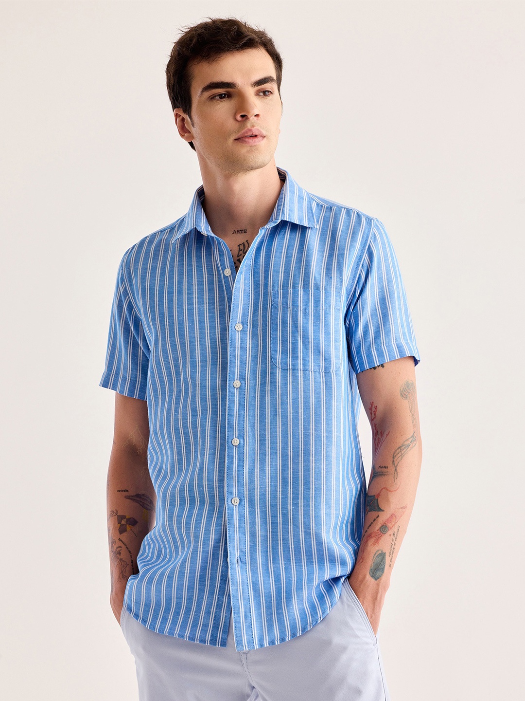 

Red Flame Vertical Striped Cotton Linen Casual Shirt, Blue