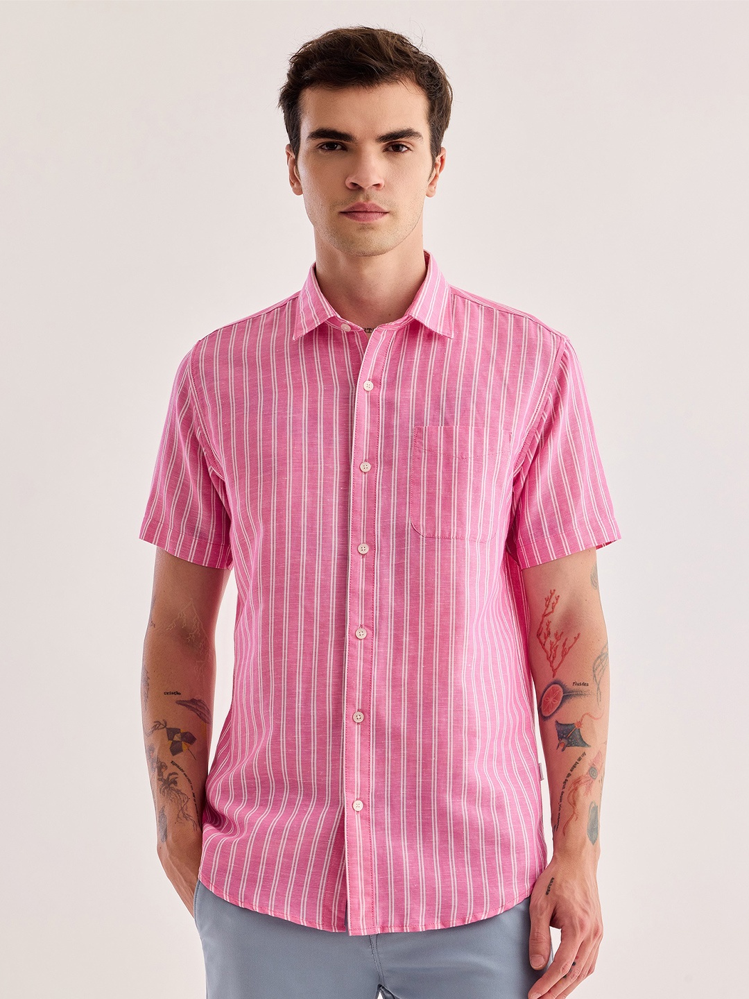 

Red Flame Vertical Striped Spread Collar Cotton Linen Casual Shirt, Pink