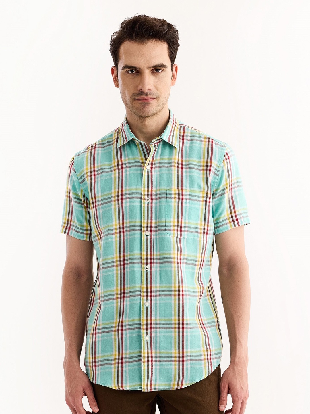 

Red Flame Tartan Checks Spread Collar Cotton Linen Casual Shirt, Green