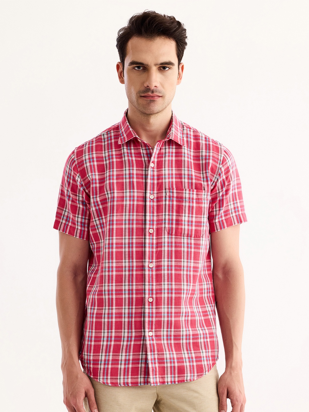 

Red Flame Tartan Checked Cotton Linen Casual Shirt, Pink