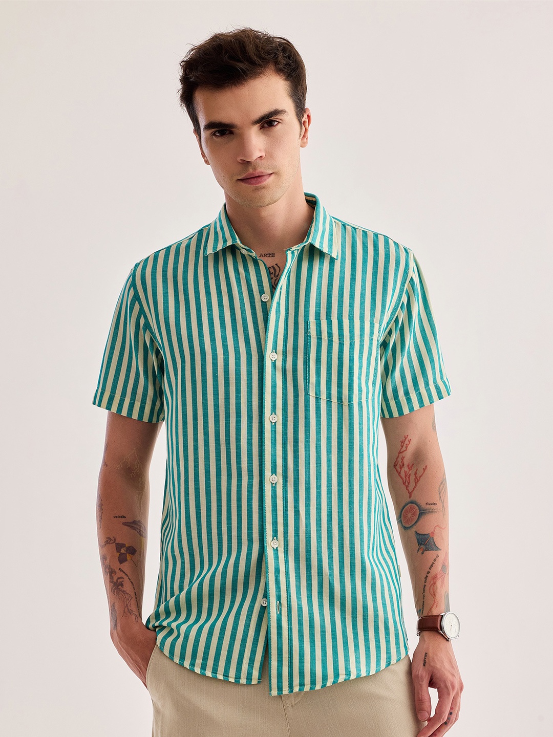 

Red Flame Vertical Striped Spread Collar Cotton Linen Casual Shirt, Green