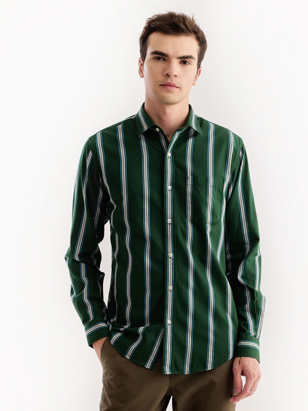 

Red Flame Vertical Stripes Spread Collar Twill Weave Pure Cotton Casual Shirt, Green