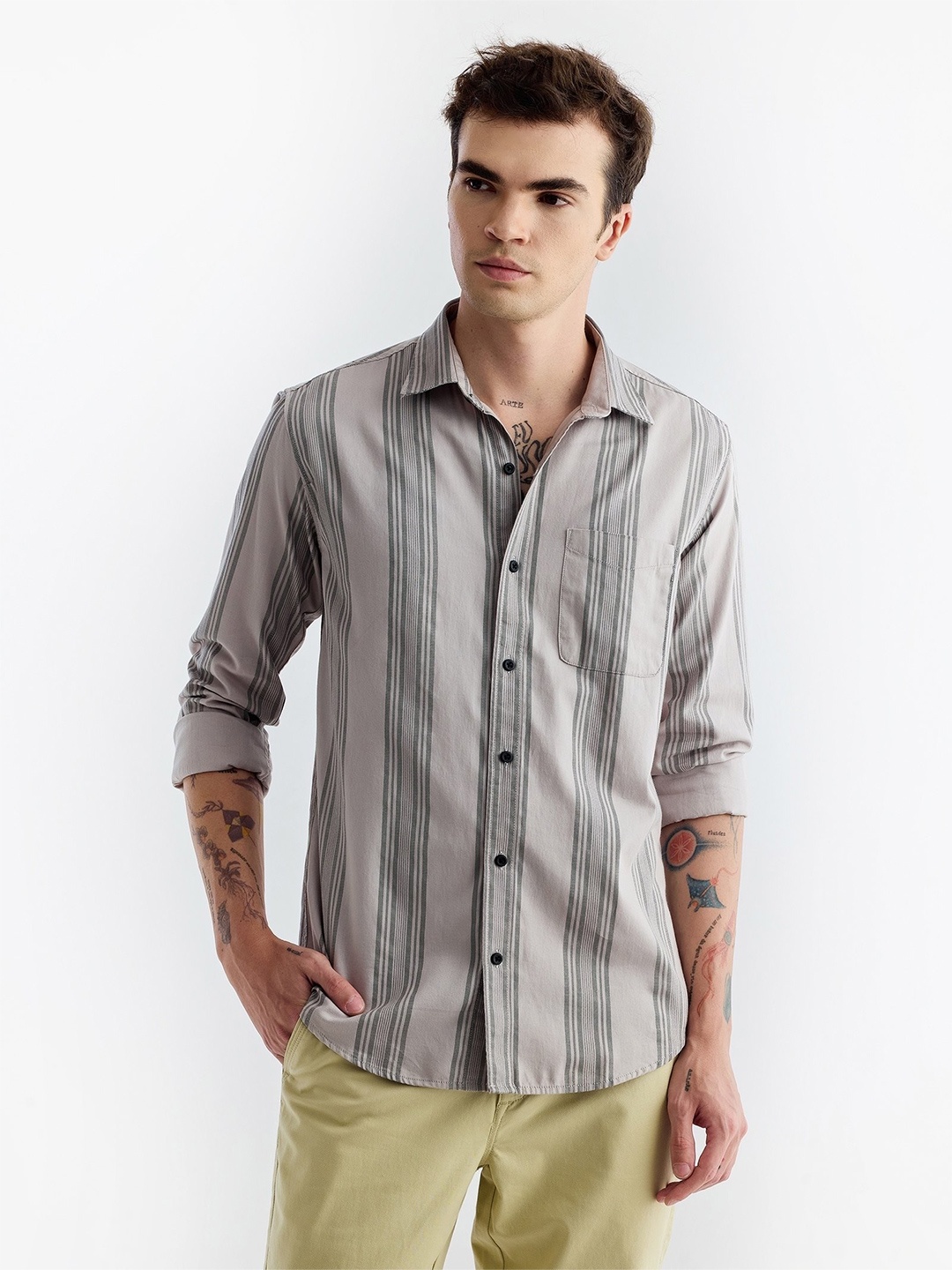 

Red Flame Vertical Striped Twill Pure Cotton Casual Shirt, Grey