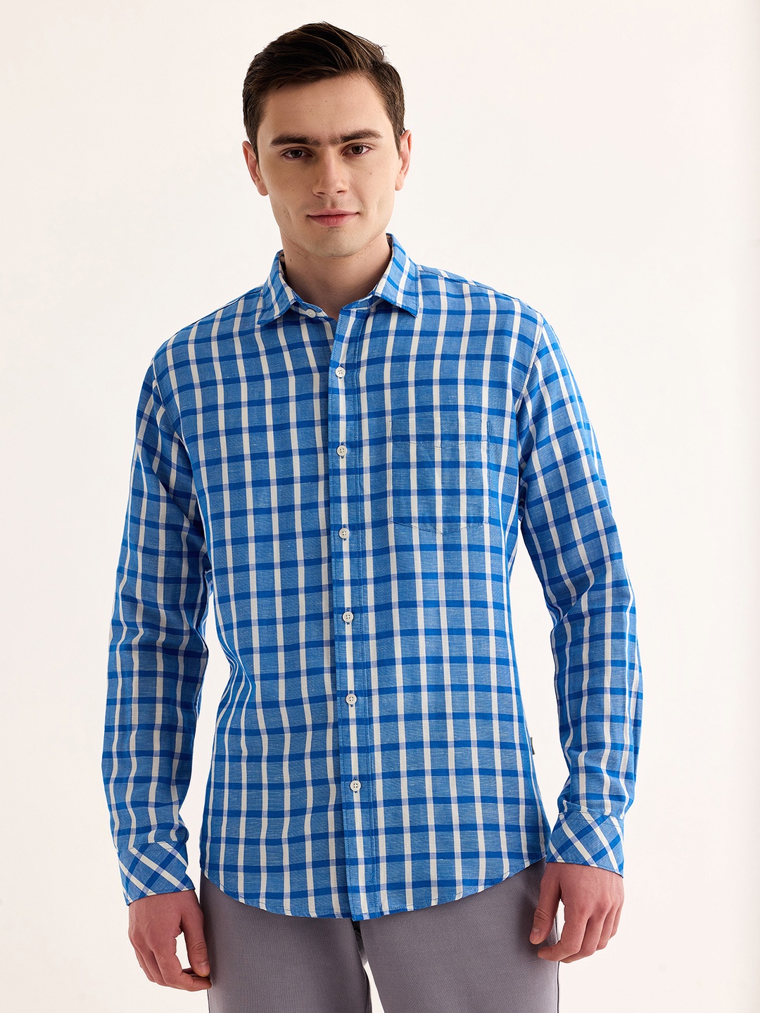 

Red Flame Tartan Checked Spread Collar Cotton Linen Casual Shirt, Blue