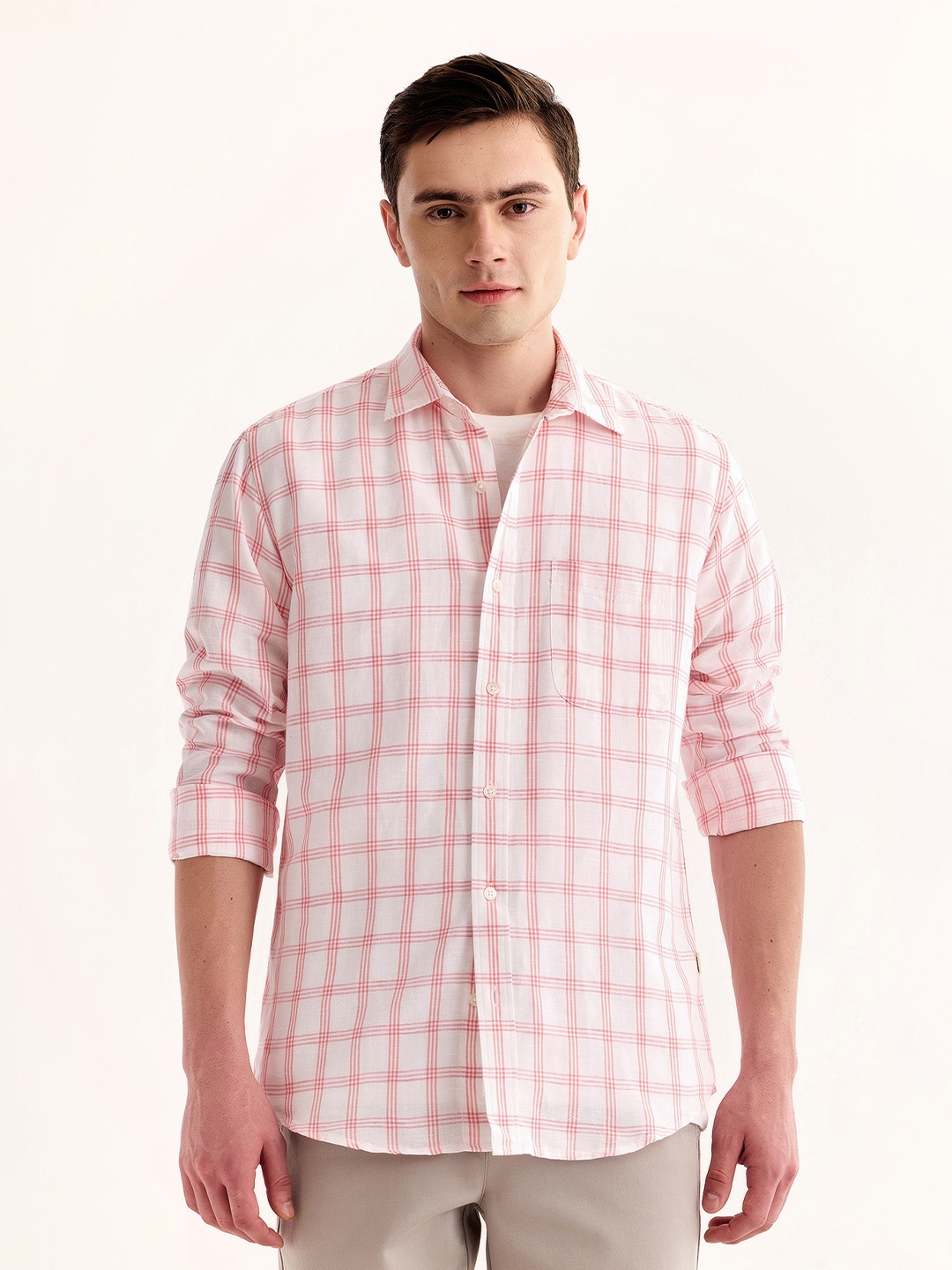 

Red Flame Buffalo Checked Spread Collar Cotton Linen Casual Shirt, Pink