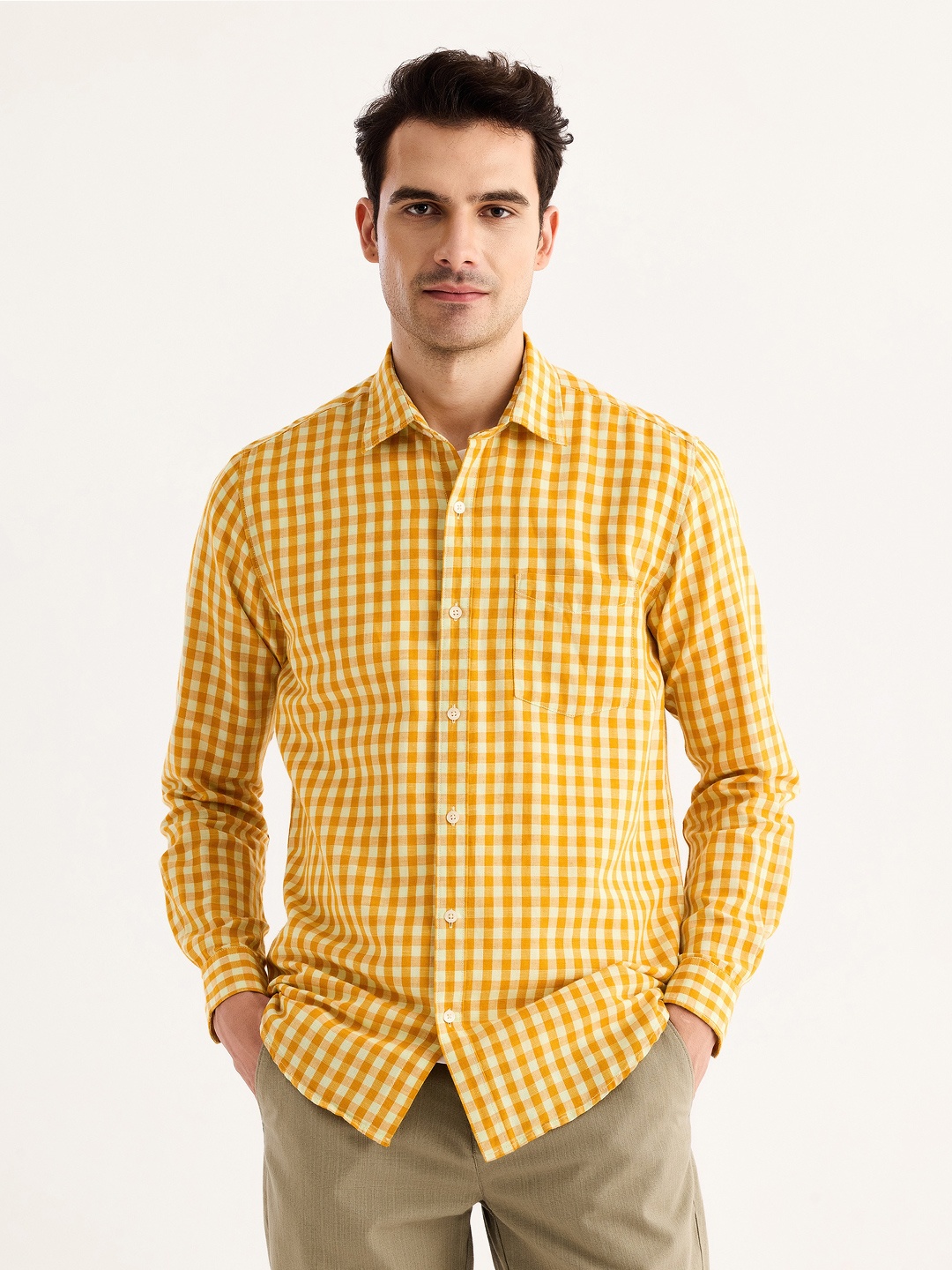 

Red Flame Gingham Checked Cotton Linen Casual Shirt, Yellow