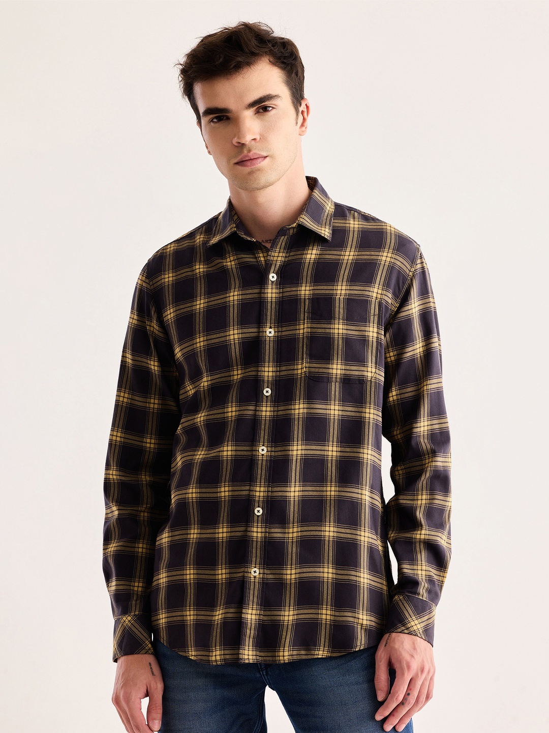 

Red Flame Tartan Checked Twill Weave Casual Shirt, Black