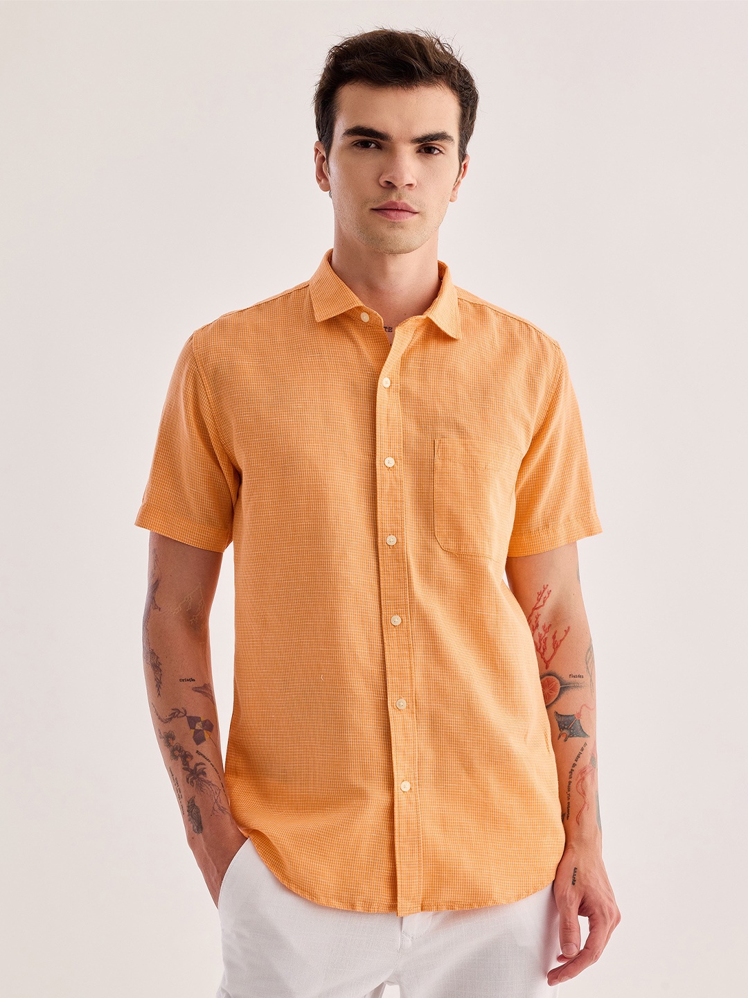 

Red Flame Micro Checked Cotton Linen Casual Shirt, Orange