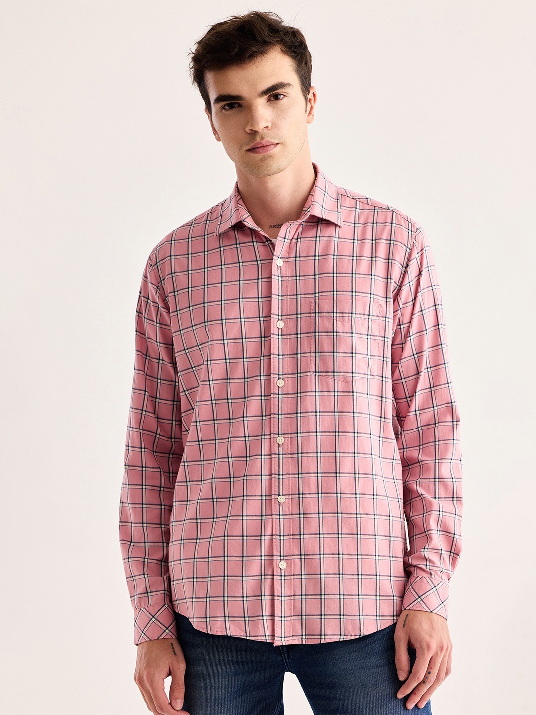 

Red Flame Checked Twill Pure Cotton Casual Shirt, Pink