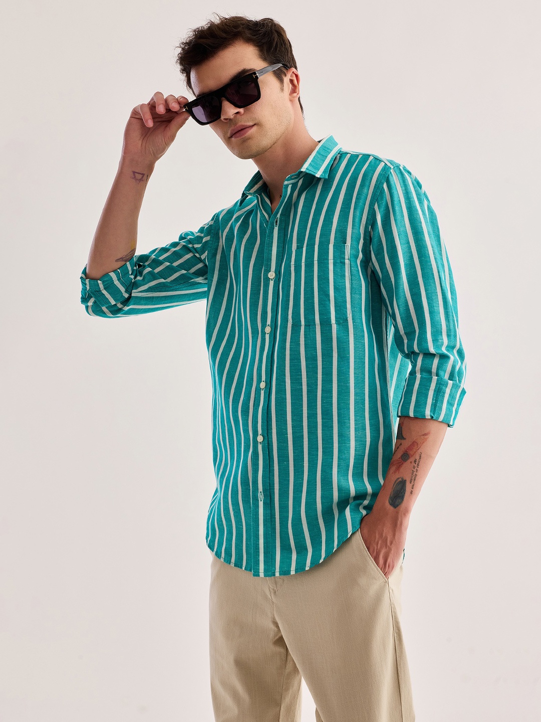 

Red Flame Vertical Striped Cotton Linen Casual Shirt, Green