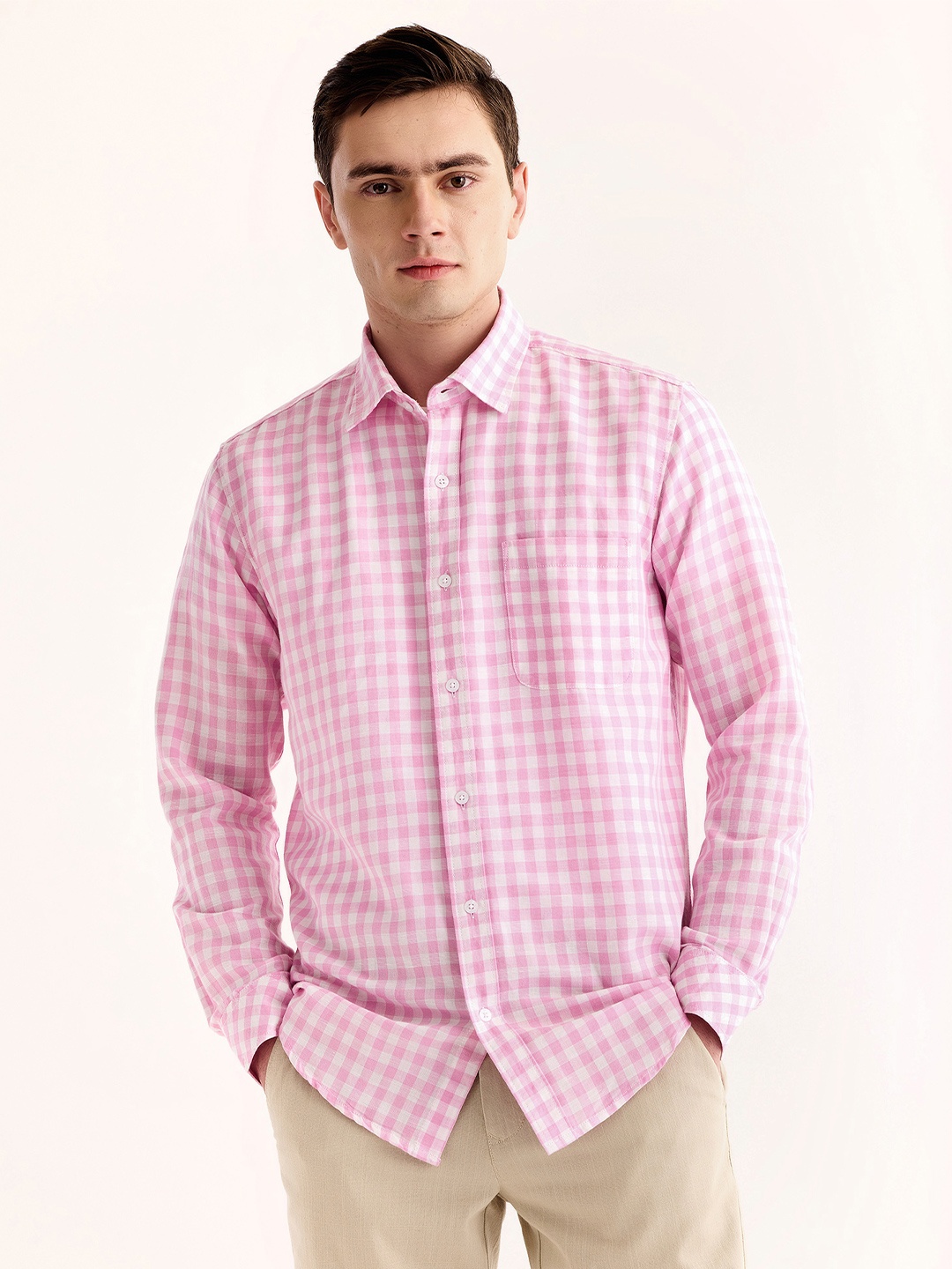 

Red Flame Checked Cotton Linen Casual Shirt, Pink