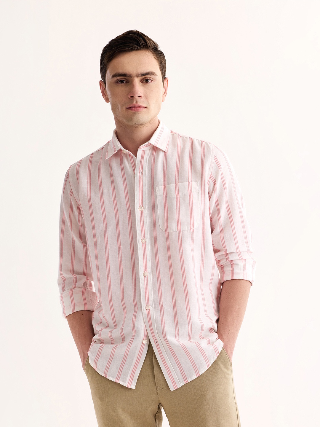 

Red Flame Vertical Stripes Spread Collar Cotton Linen Casual Shirt, Pink