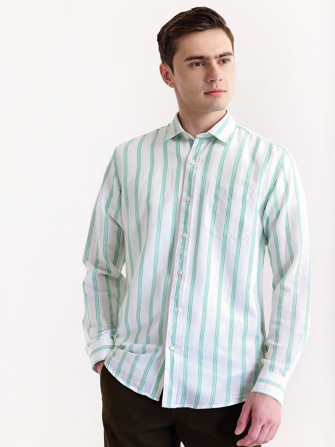 

Red Flame Vertical Striped Cotton Linen Casual Shirt, White