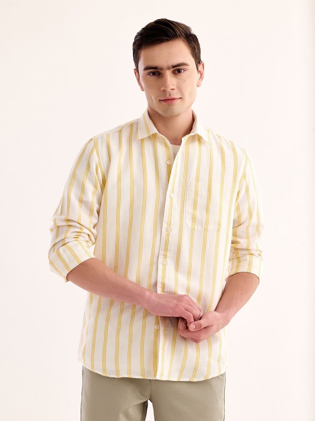 

Red Flame Vertical Striped Spread Collar Cotton Linen Casual Shirt, Yellow