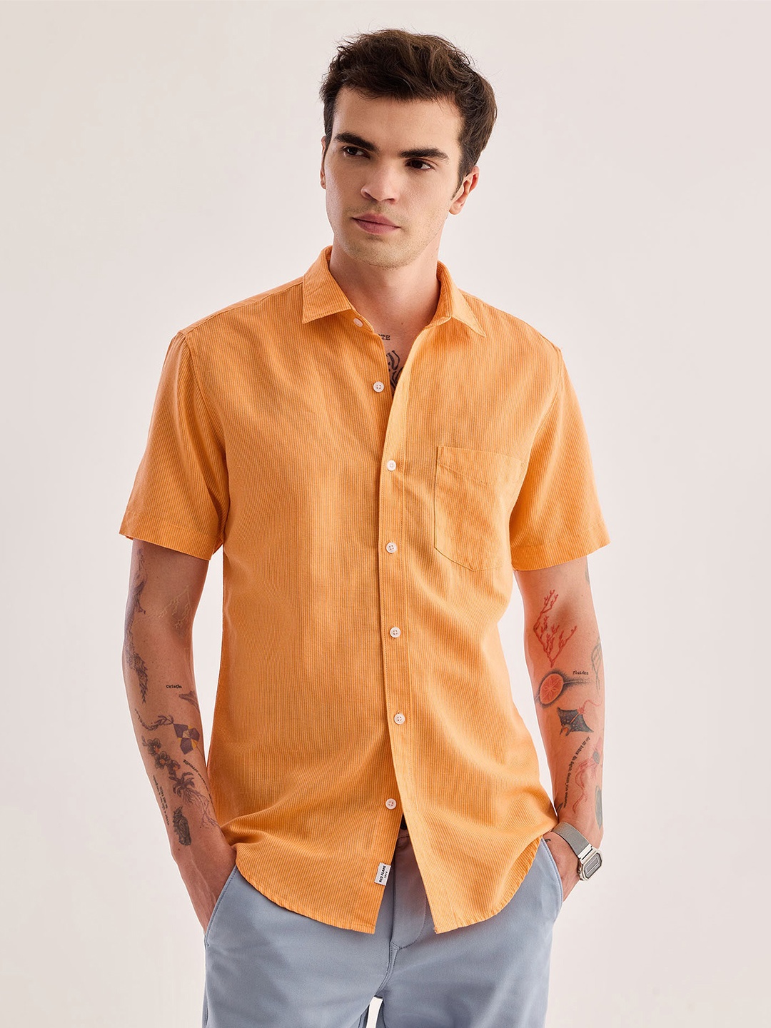 

Red Flame Spread Collar Cotton Linen Casual Shirt, Orange