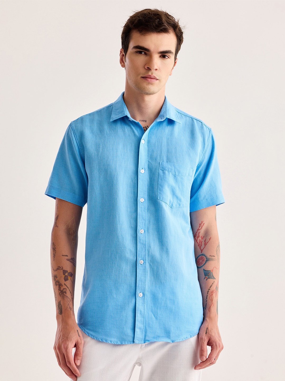 

Red Flame Spread Collar Cotton Linen Casual Shirt, Blue