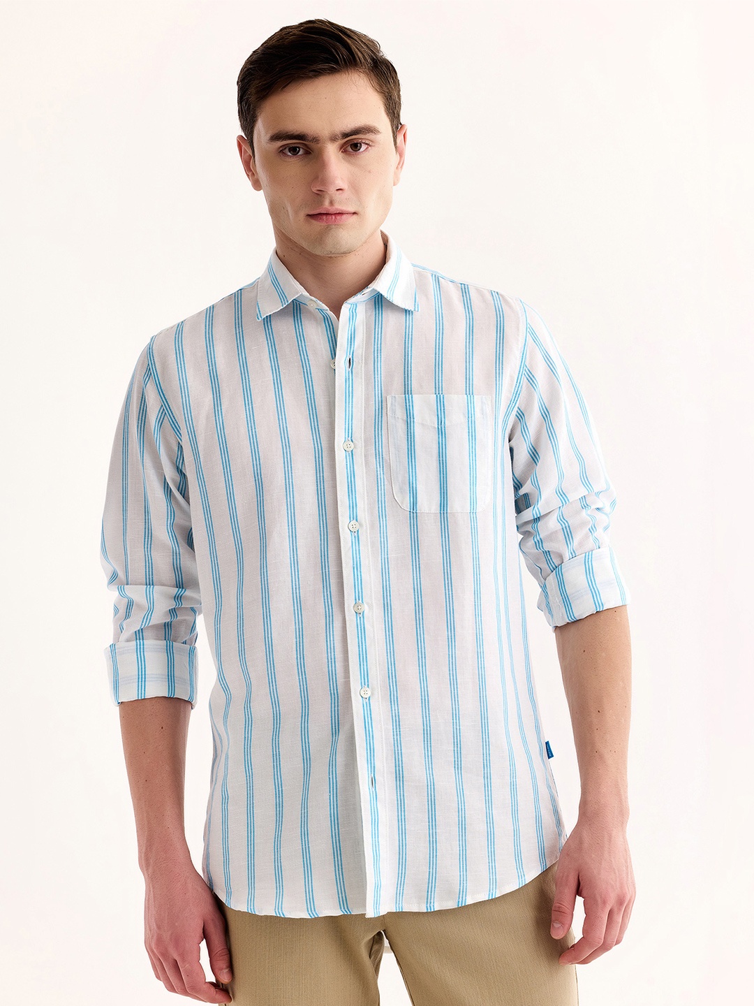 

Red Flame Vertical Striped Cotton Linen Casual Shirt, Blue