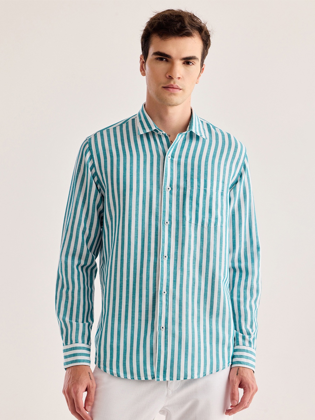 

Red Flame Vertical Striped Spread Collar Cotton Linen Casual Shirt, Green