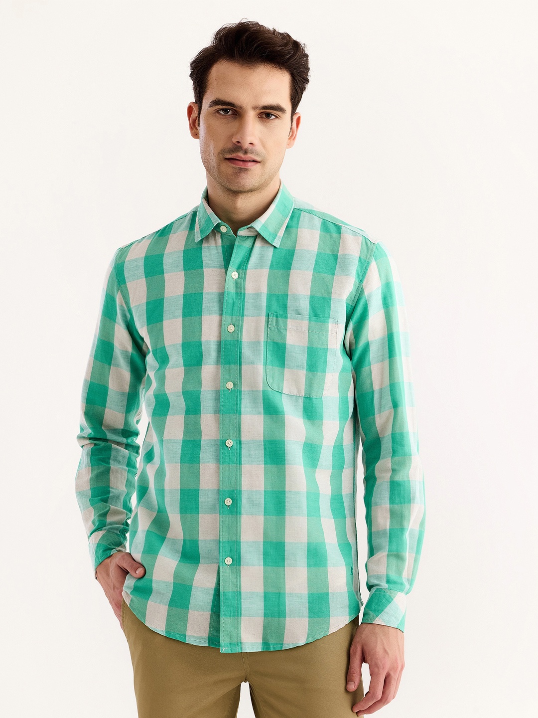 

Red Flame Buffalo Checked Spread Collar Cotton Linen Casual Shirt, Green