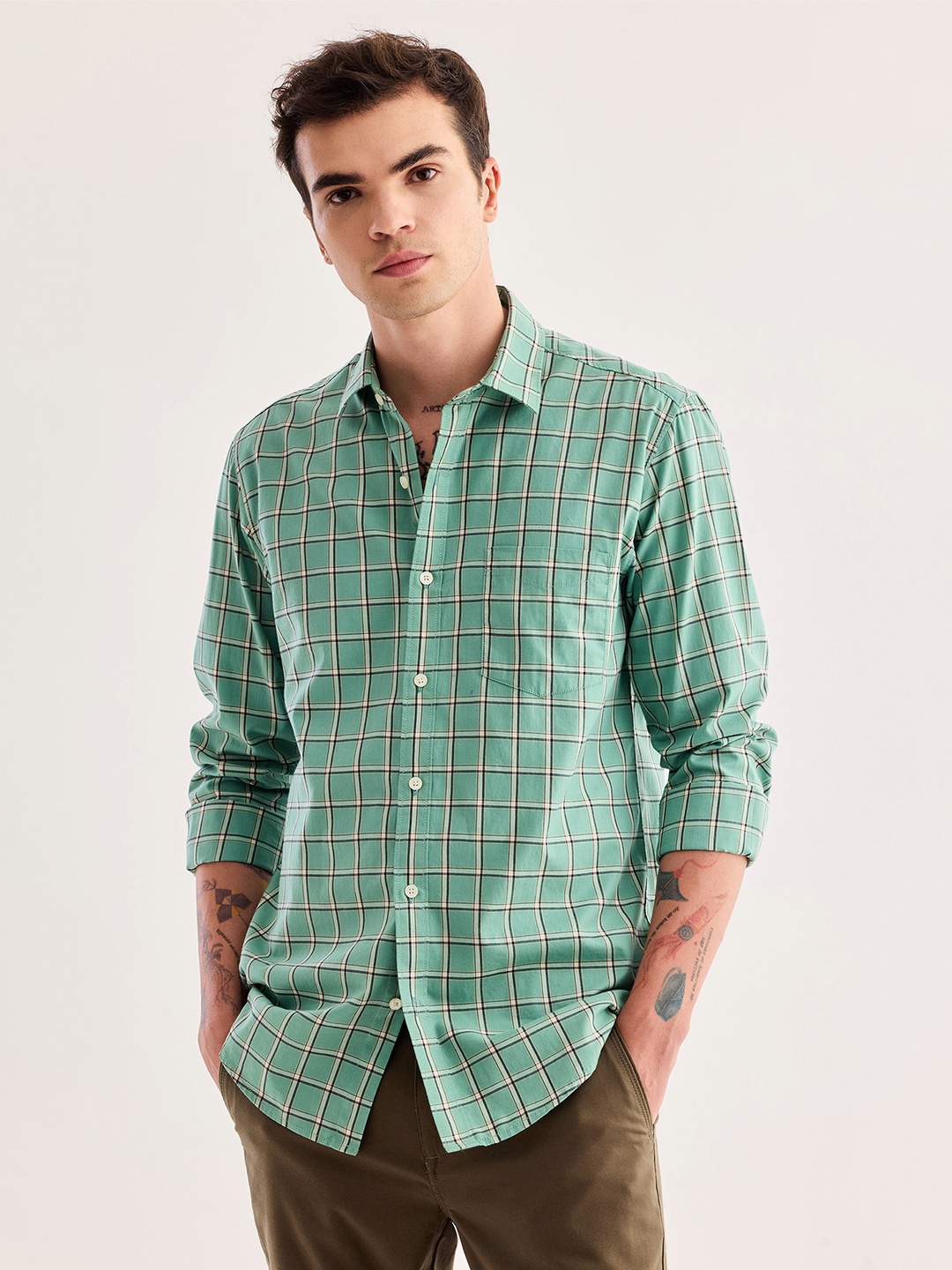 

Red Flame Tartan Checked Twill Weave Pure Cotton Casual Shirt, Green