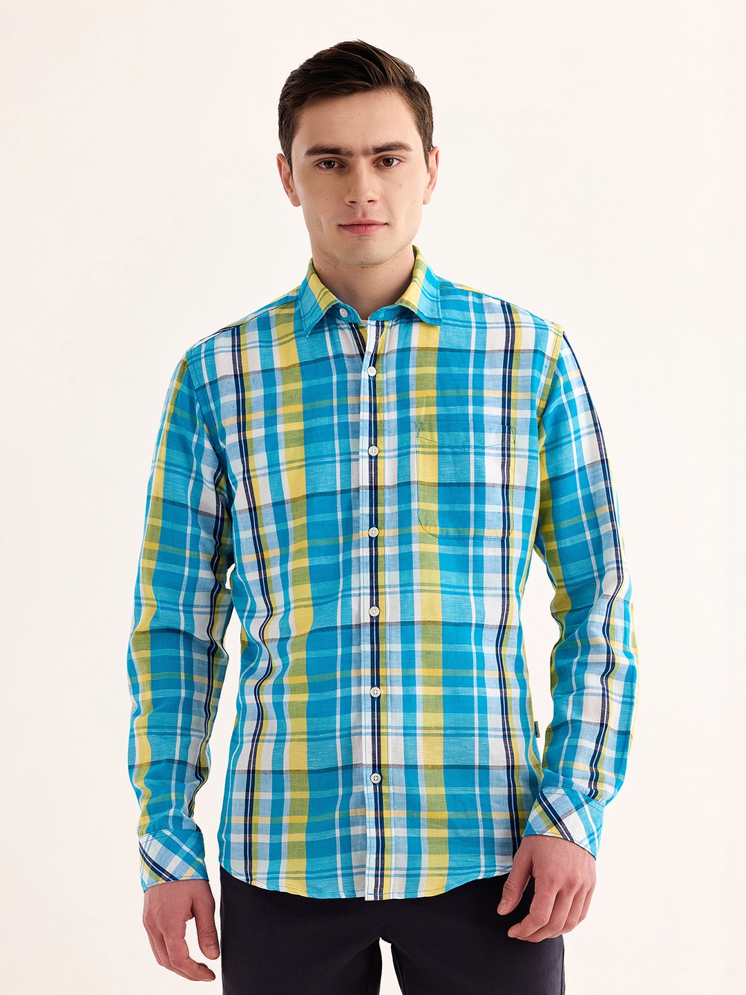 

Red Flame Tartan Checked Spread Collar Cotton Linen Casual Shirt, Blue