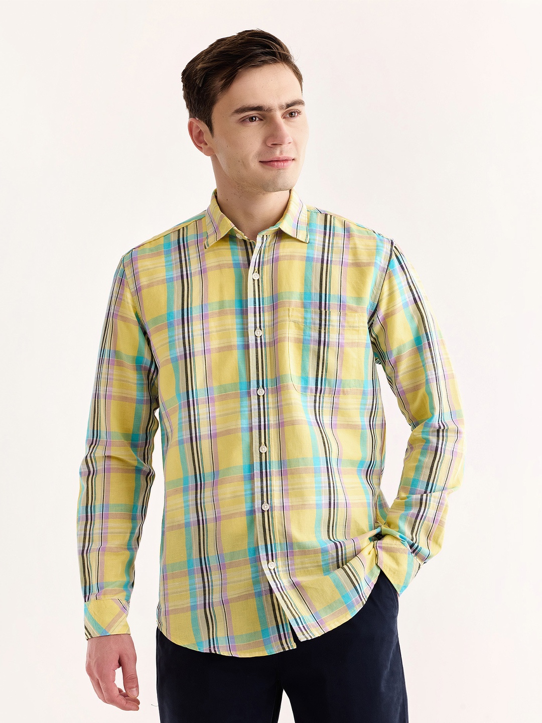 

Red Flame Tartan Checks Spread Collar Cotton Linen Casual Shirt, Yellow