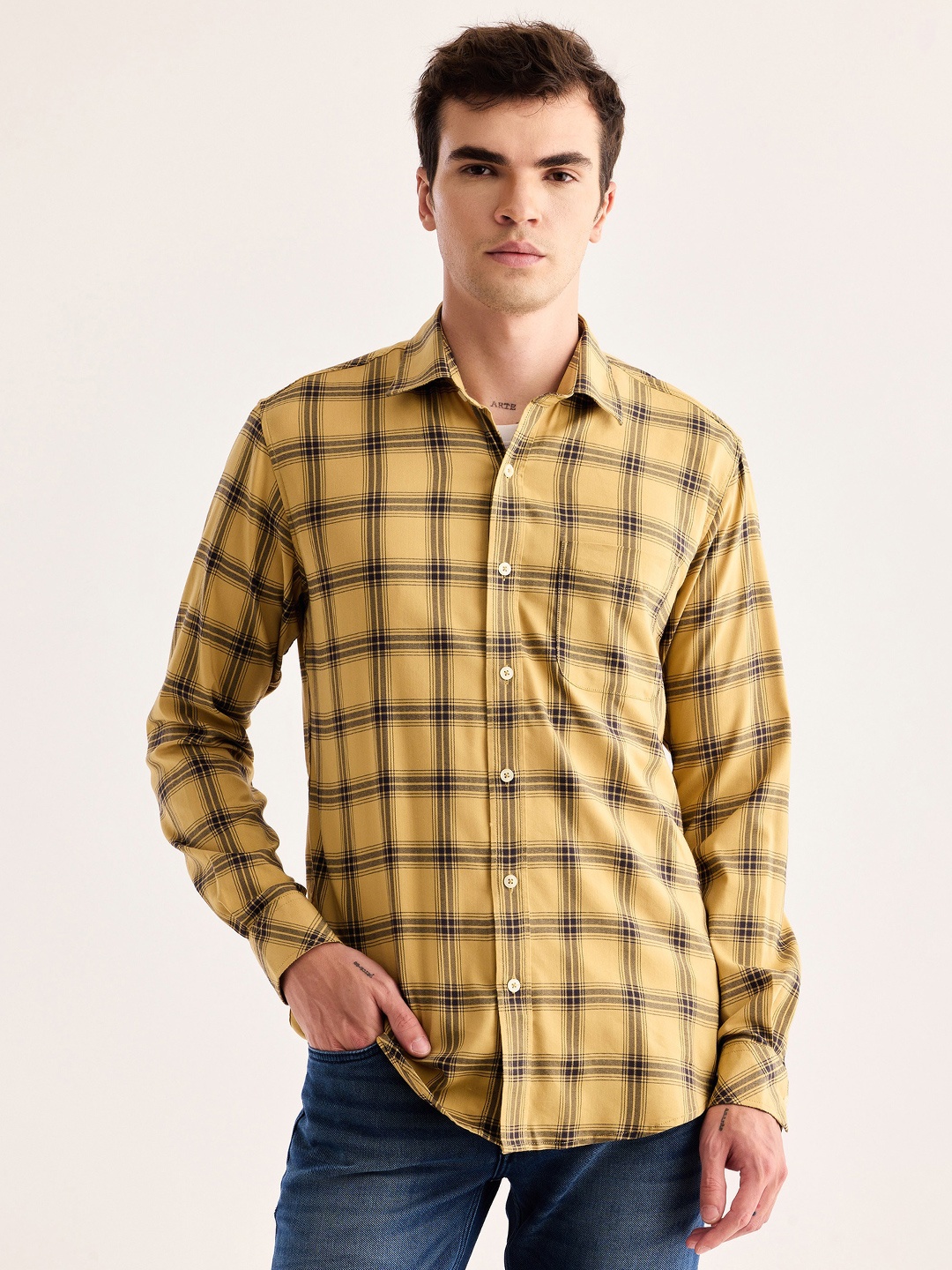 

Red Flame Tartan Checked Spread Collar Twill Casual Shirt, Mustard