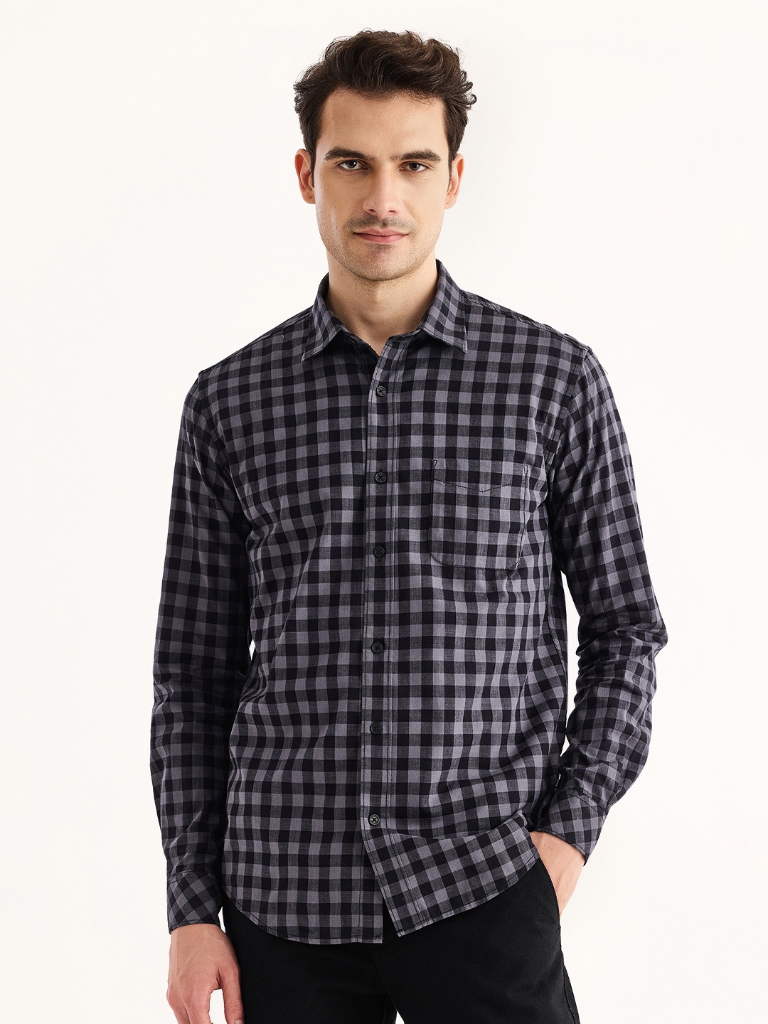 

Red Flame Gingham Checked Spread Collar Cotton Casual Shirt, Grey