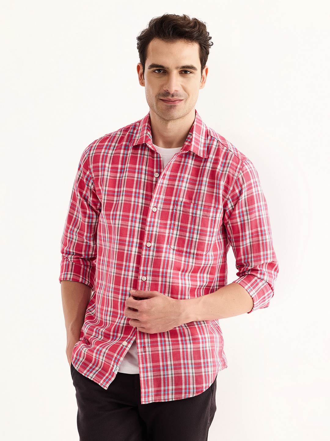 

Red Flame Tartan Checked Spread Collar Cotton Linen Casual Shirt, Pink