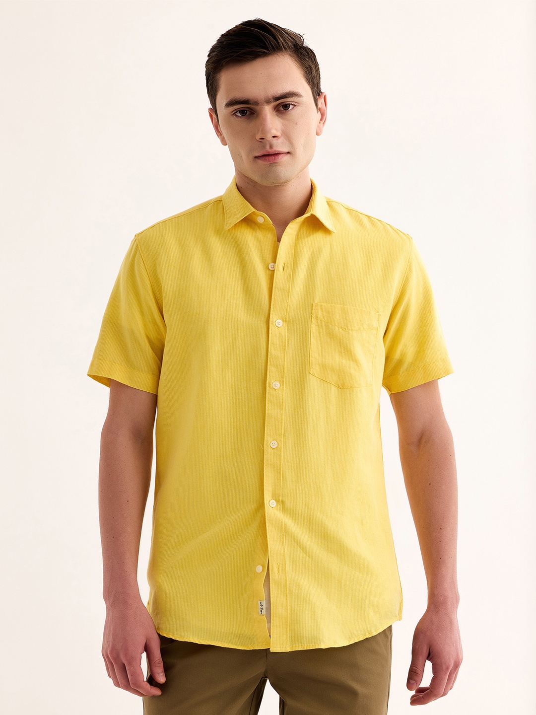 

Red Flame Vertical Striped Cotton Linen Casual Shirt, Yellow