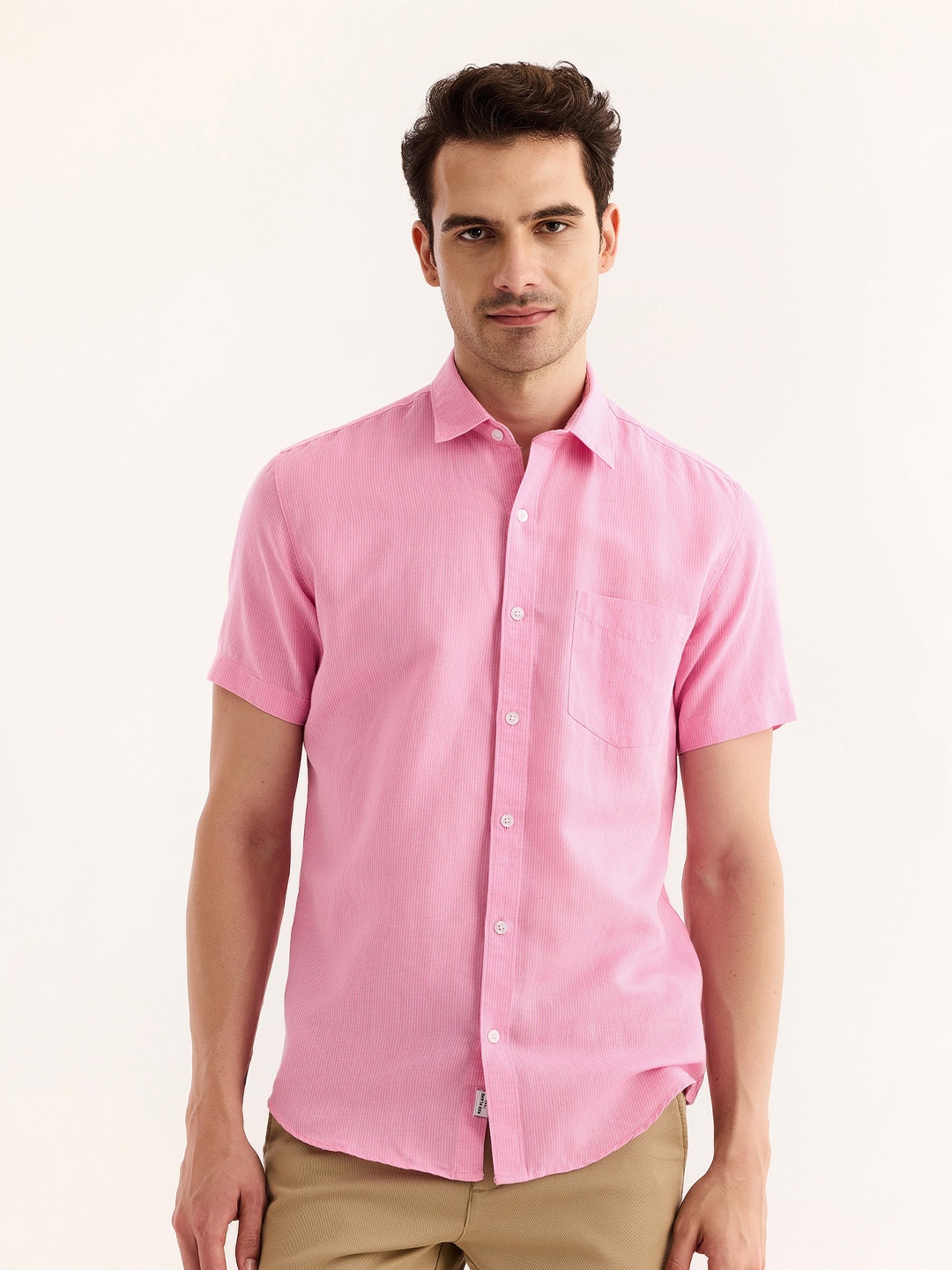 

Red Flame Vertical Striped Cotton Linen Casual Shirt, Pink