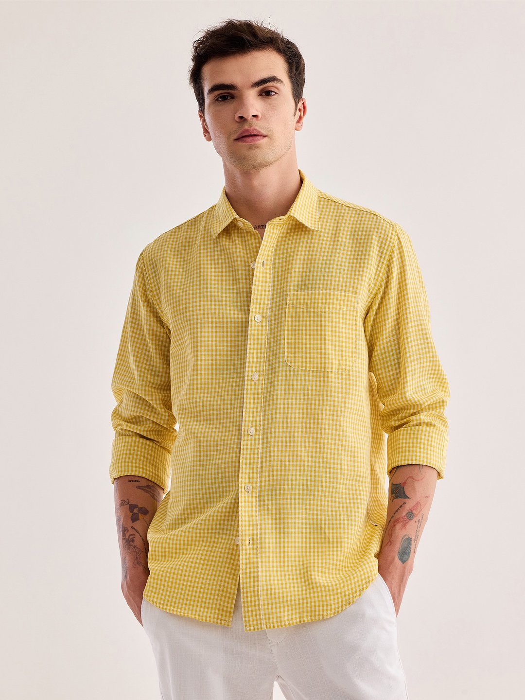 

Red Flame Checked Cotton Linen Casual Shirt, Yellow