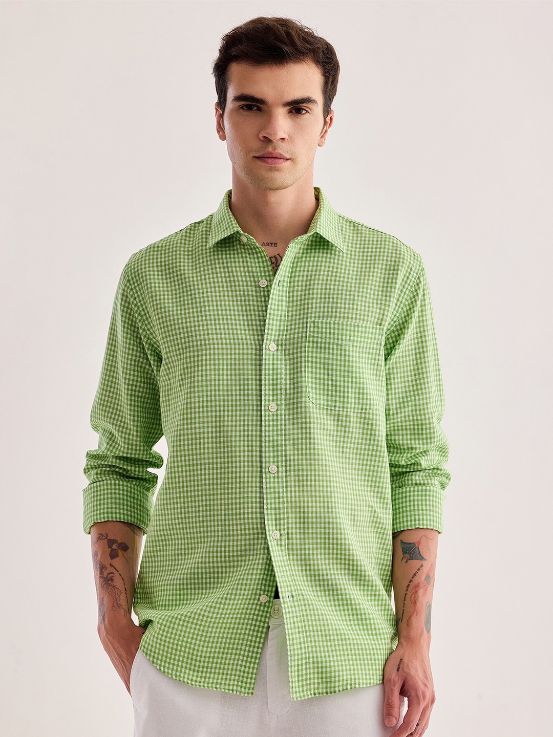 

Red Flame Gingham Checked Cotton Linen Casual Shirt, Green