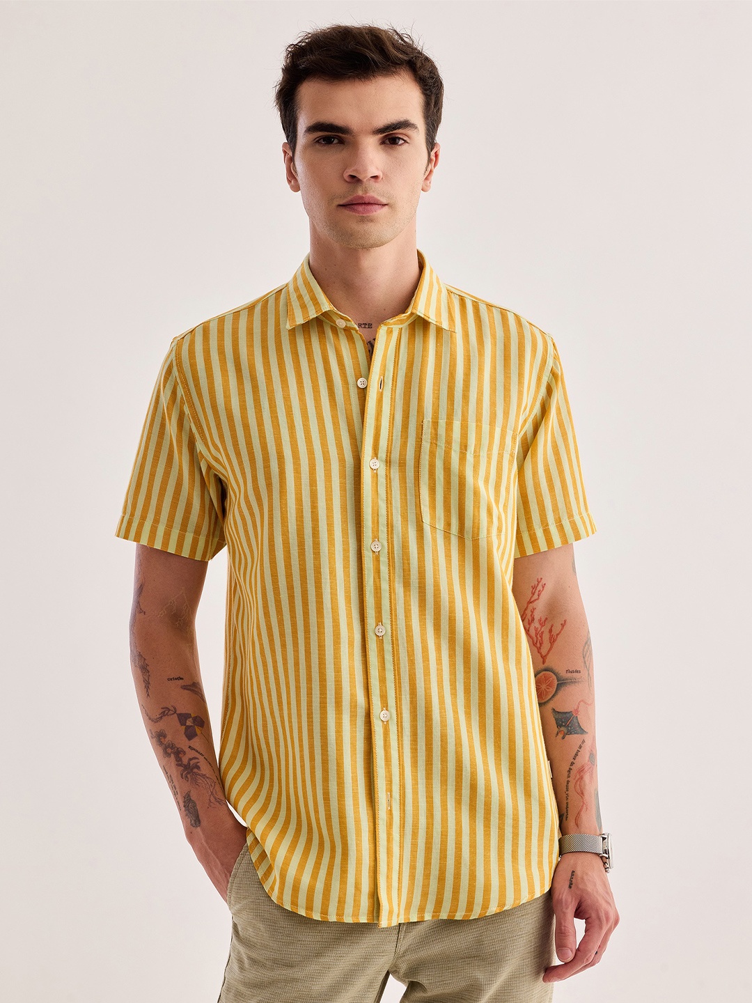 

Red Flame Vertical Striped Spread Collar Cotton Linen Casual Shirt, Yellow