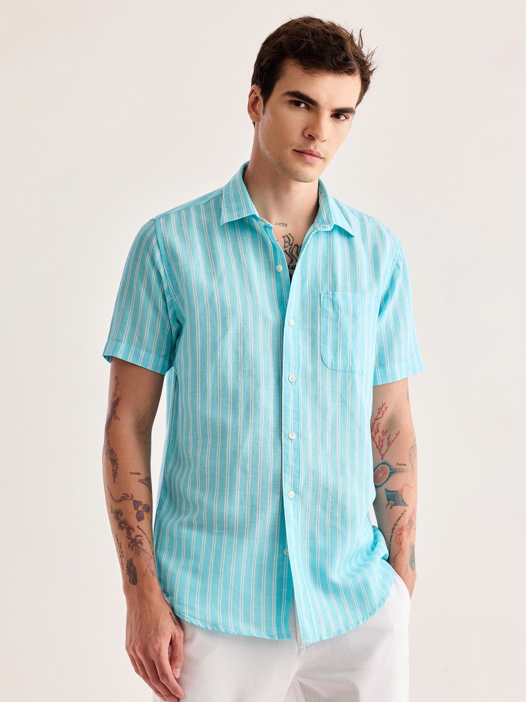 

Red Flame Vertical Striped Cotton Linen Casual Shirt, Blue