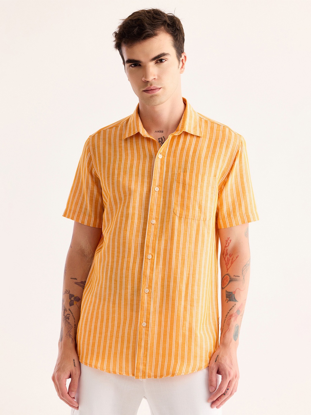 

Red Flame Vertical Striped Cotton Linen Casual Shirt, Orange