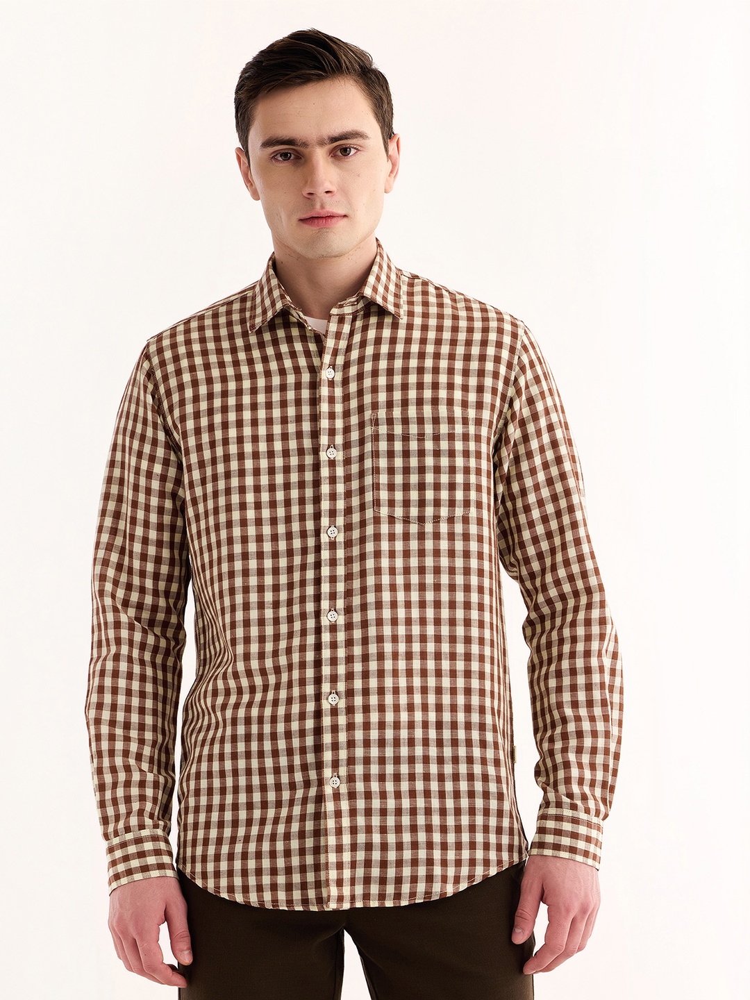 

Red Flame Gingham Checked Spread Collar Cotton Linen Casual Shirt, Brown