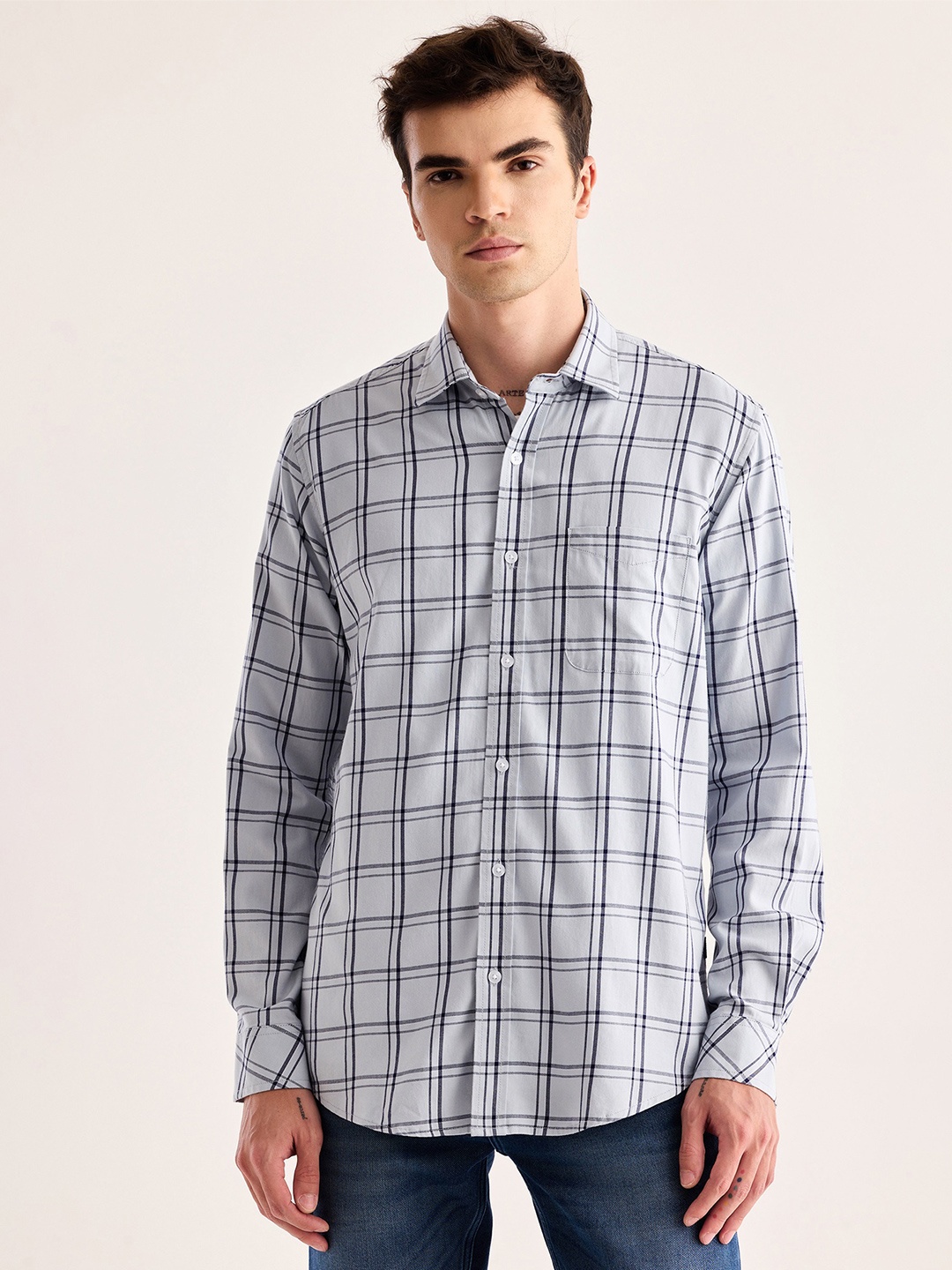 

Red Flame Tartan Checks Spread Collar Twill Pure Cotton Casual Shirt, Grey